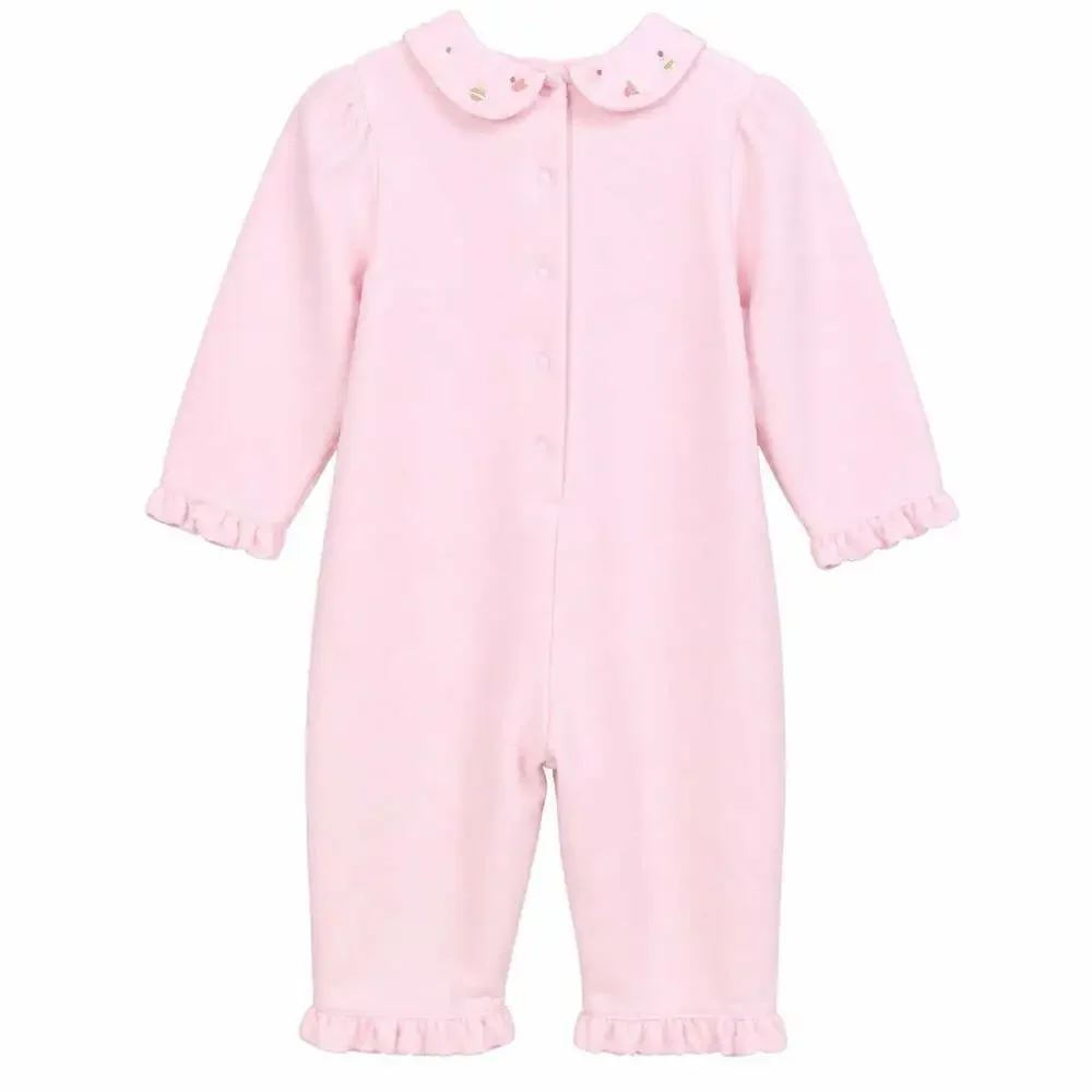 Gymboree Pink Cupcake Embroidered Velour Romper 12-18 Months Peter Pan Collar
